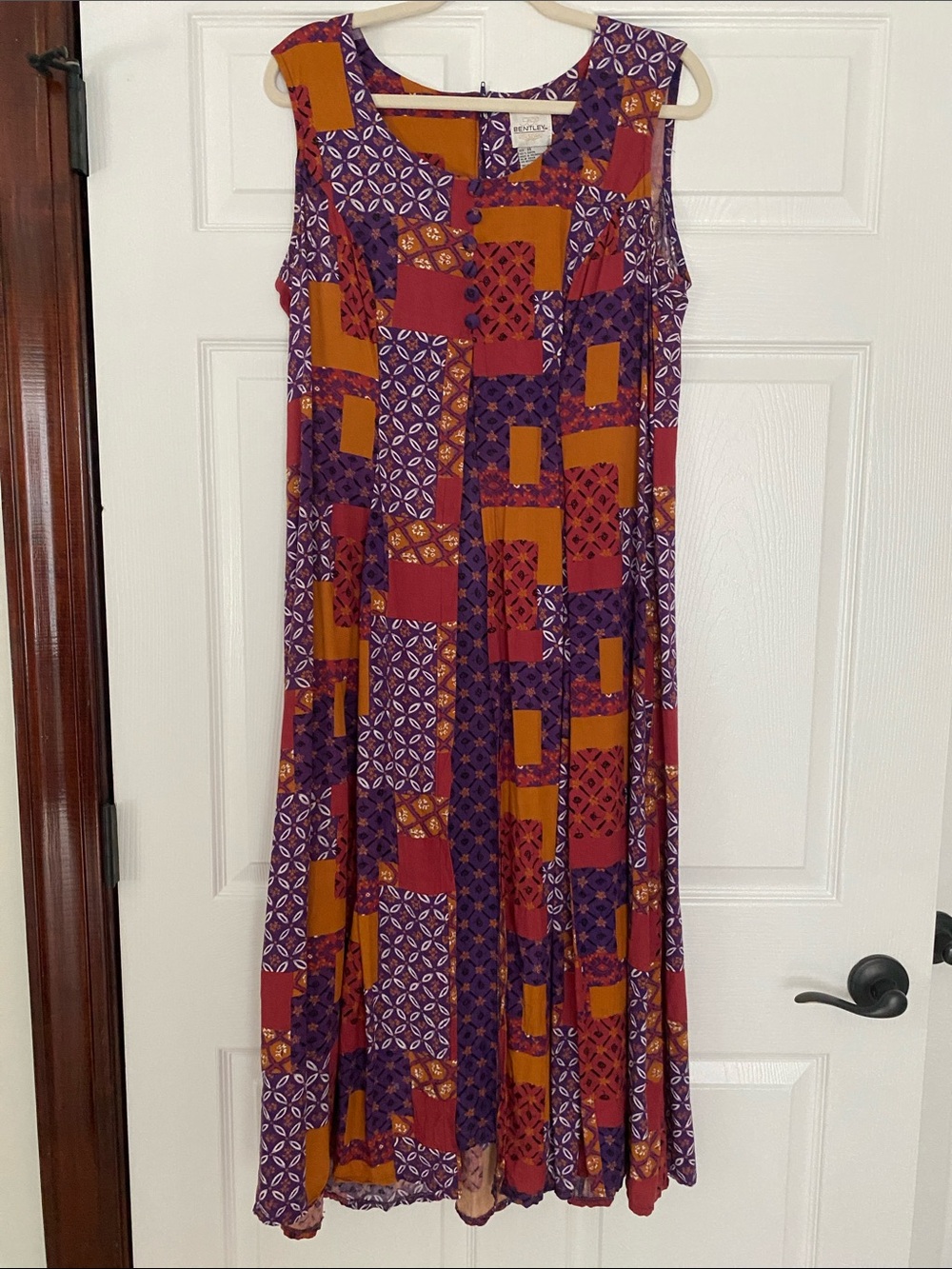 Sleeveless Patchwork-Print Maxi Dress in Purple, Rust & Mustard